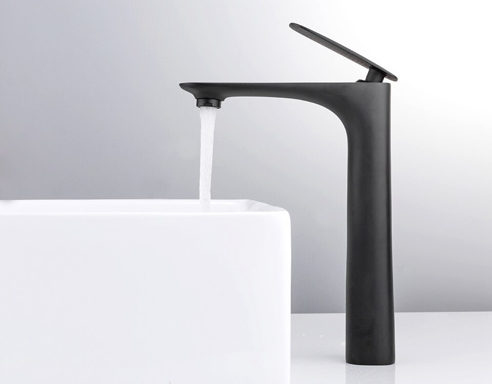 Grifo de baño minimalista negro monomando con caño alto