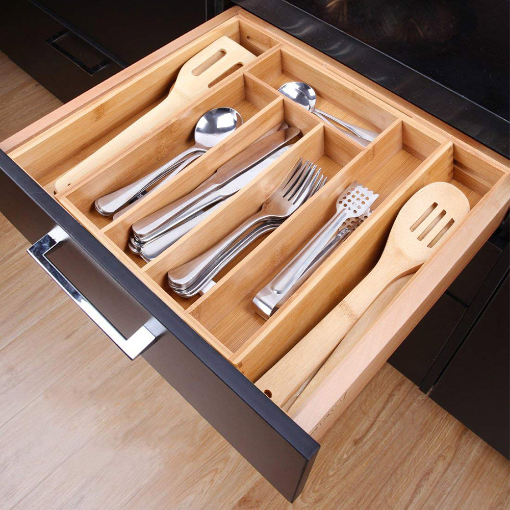 Bandeja de almacenamiento de cubiertos de cocina extensible con 7 rejillas de bambú