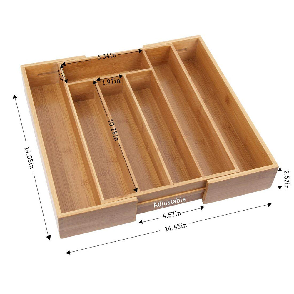 Bandeja de almacenamiento de cubiertos de cocina extensible con 7 rejillas de bambú