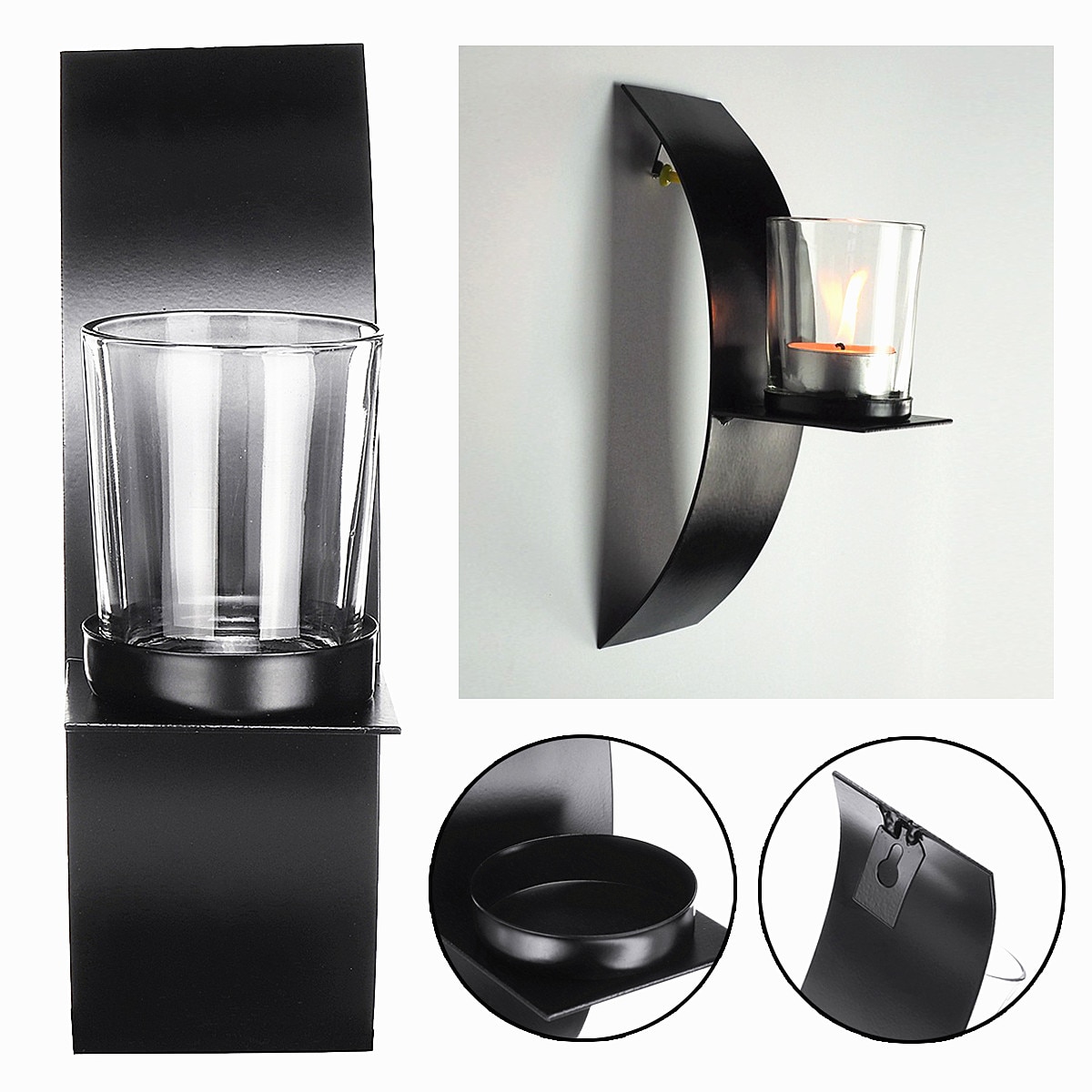 Candelero moderno negro para colgar en la pared con vidrio transparente